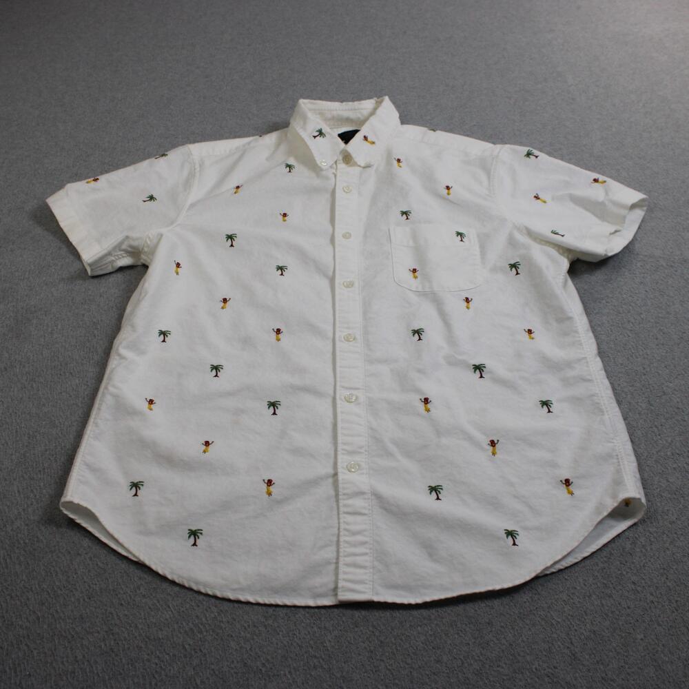 J Crew Shirt Mens Large White Oxford Embroidered Hula Palm Short Sleeve Beach